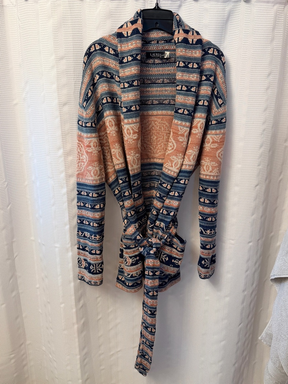Lauren Ralph Lauren Geo-Motif Belted Linen-Cotton Cardigan Knit Cozy Large - Picture 4 of 8